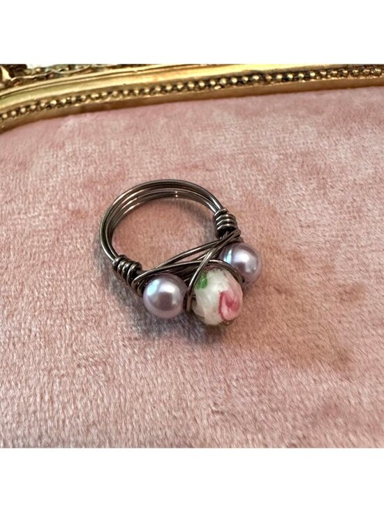 Handmade Jewelry - Handmade Wire Wrapped Ring Lampwork Bead & Purple Glass Pearls Gunmetal Sz 5 1/4